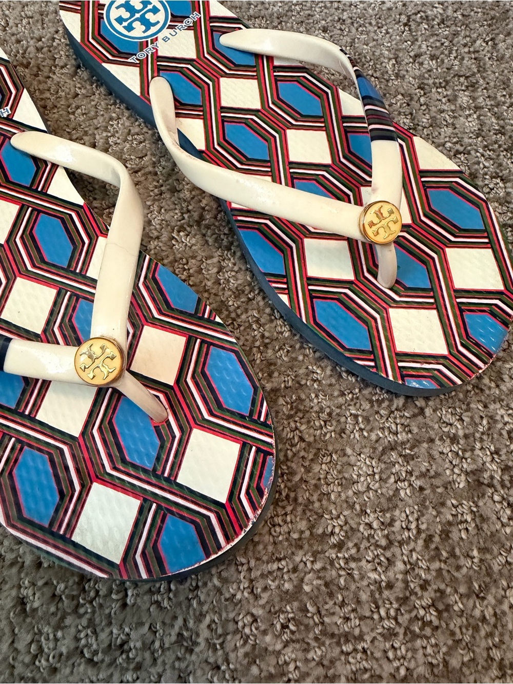 Tory Burch White Strap Flip Flops with Blue and Red Geometric Print - Picture 2 of 6